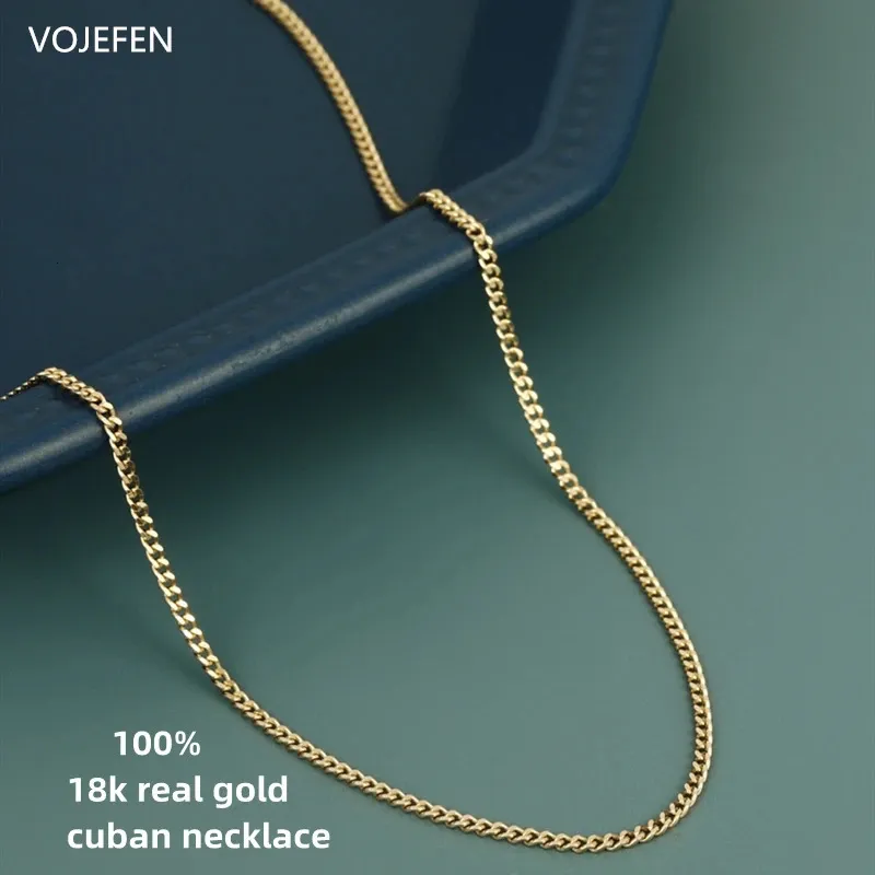 VOJEFEN 18K Gold Necklaces Jewellery Real Gold Link Flat Jewelry Trend Luxury Cuban Neck Chains for Male Female Fashion Chokers 231229