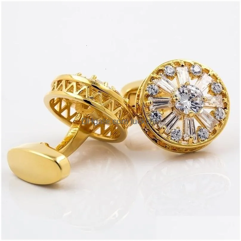 cuff links kflk brand high quality men gold color round white crystal cufflinks wedding gift button products guests 230307