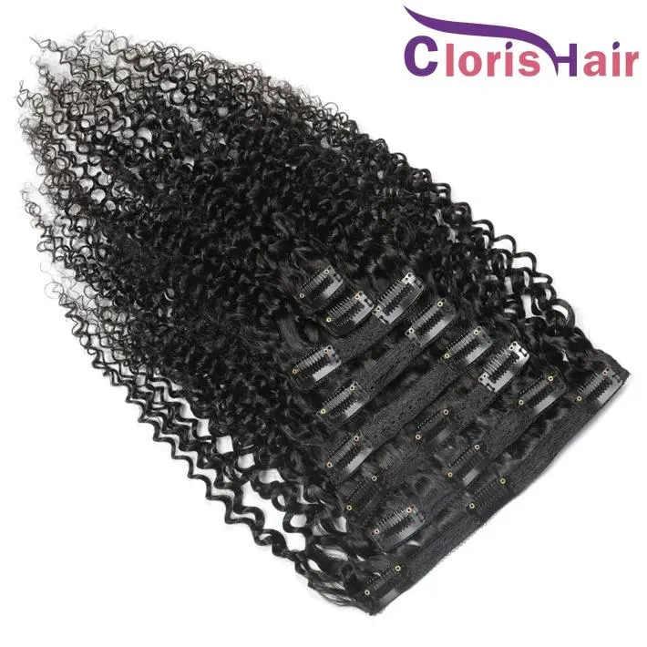 Erweiterungen Neu eingetroffen Malaysisches reines verworrenes lockiges Echthaar-Clip-Ins 8 Stück 120 g/Set Ganzkopf-Locken-Clip-In-Extensions 8"24" natürliches Bla