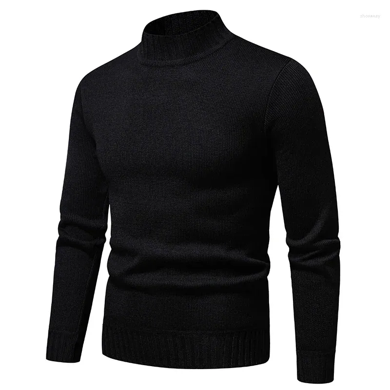 Männer Pullover 2024 Herren Hoher Kragen Casual Pullover Herbst Winter Einfarbig T-shirt Bodenbildung Schwarz