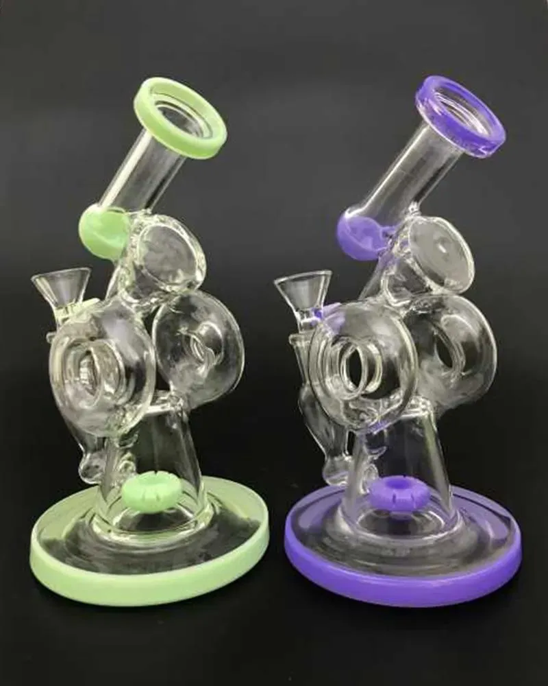 Narguilés Bong en gros double recycleur narguilés style de type libre avec bol en verre huile Dab plates-formes fendues beignet perc pipes à fumer 14mm femelle J