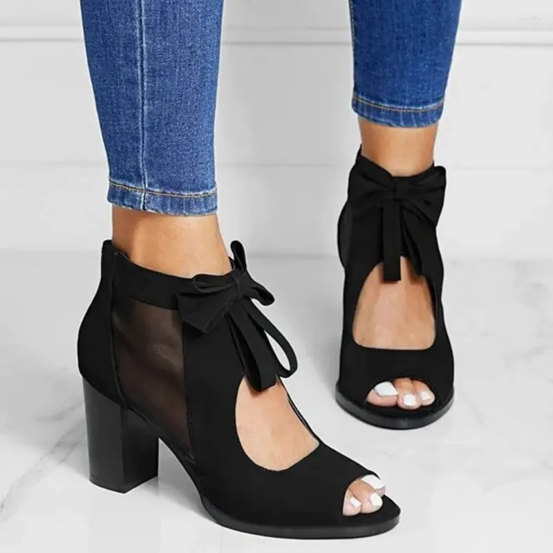 Dress Shoes 2024 Black Block High Heels Summer Sandals Booties Leisure Zipper Bow Knot Peep Toe Women Big Size