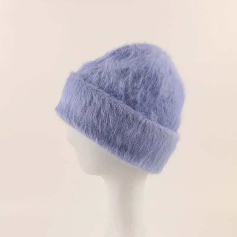 Mode lång kanin hår stickad hatt kvinnlig vinter kanin päls mjuk varma mössor koreanska fasta färger hatt y2k kall hatt 231229
