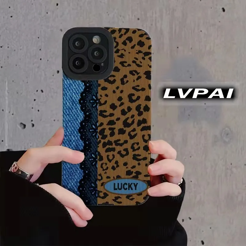 Leather Fashion Cool Volcano Leopard Print Denim Design Phone Case For iphone 15 14 13 12 11 Pro Max XS X XR 15 Plus Fashion Soft Silicone Back Cover 