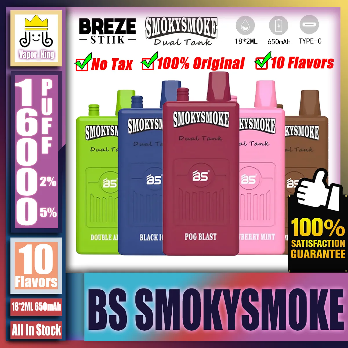 Original BS SMOKYSMOKE 16000 16K Puff 16000 16K wiederaufladbare E-Zigaretten Mesh Coil Einweg-Vape-Stift mit 650-mAh-Akku 36 ml 18 * 2 ml VS Breze Stiik