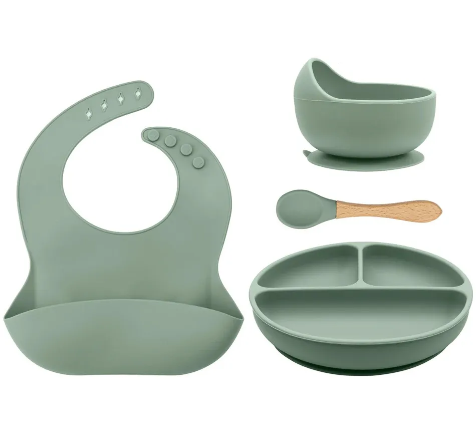 4pcs children's Tableware Set Baby Dishes Plate Bowl With Sucker Waterproof Bib For born Spoon Silicone Feeding Baby Items 231229
