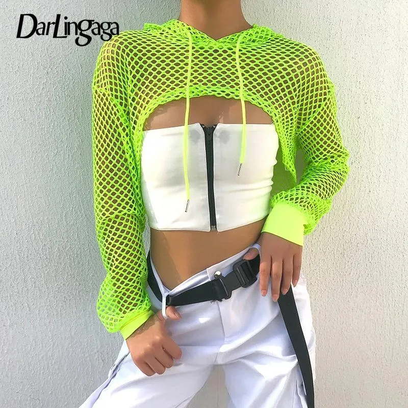 Shirts Darlingaga Streetwear Neon Green Mesh Fishnet Top Women Tshirt Perspective Smock Long Sleeve Women's Tshirts Sexy Cropped Shirt