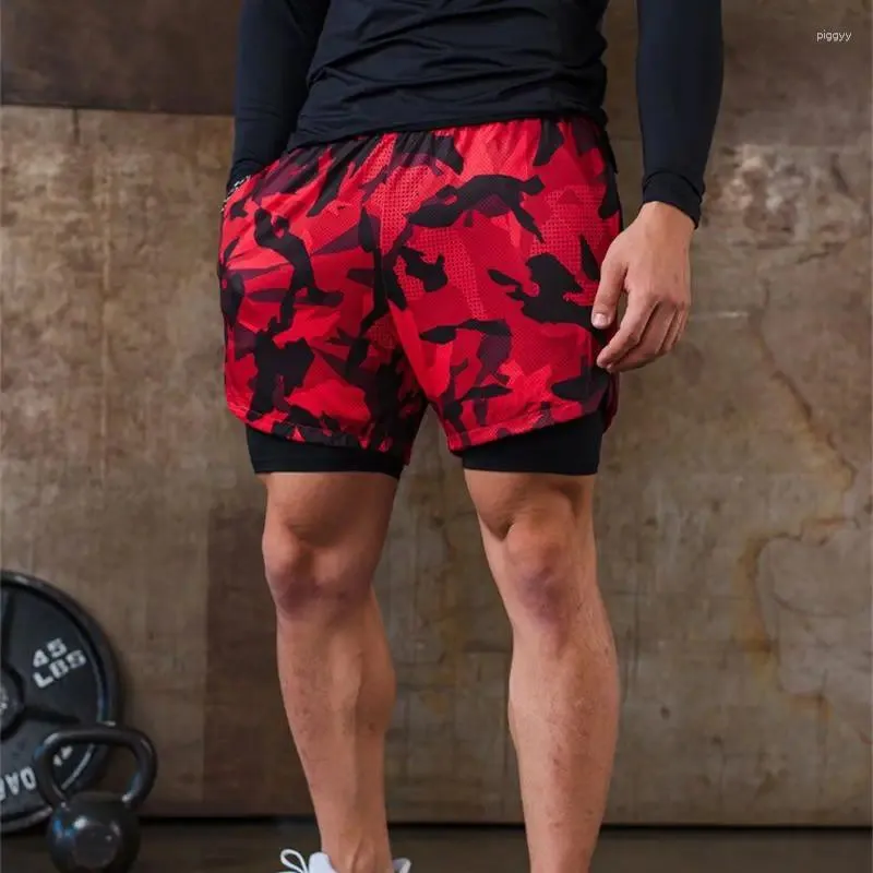 Męskie szorty jogger letnie podwójne warstwowe spodni 2 w 1 z ciasnymi wewnętrznymi i luźnymi modnymi kamuflażami
