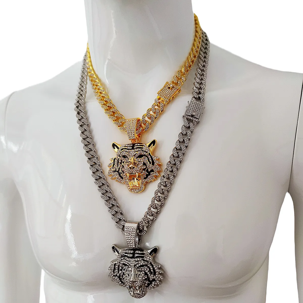 Cool 3D Full Oil Tiger Head Pendant Heavy Wide Cuban Chain Necklace Trendy Nightclub Personalized Men's 18K Gold Solid Fine