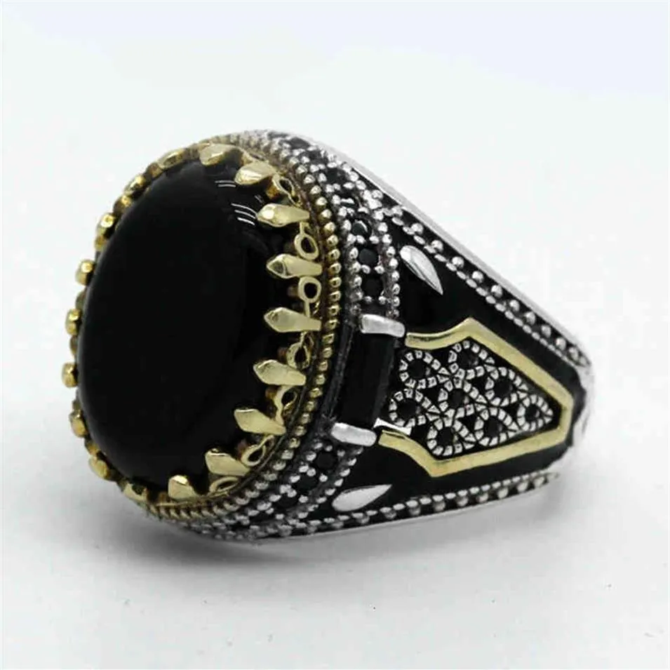 Natural Black Agate Stone for Men 925 Sterling Silver Golden Crown King Male Ring Vintage Turkish Handmade Jewelry Gift194C