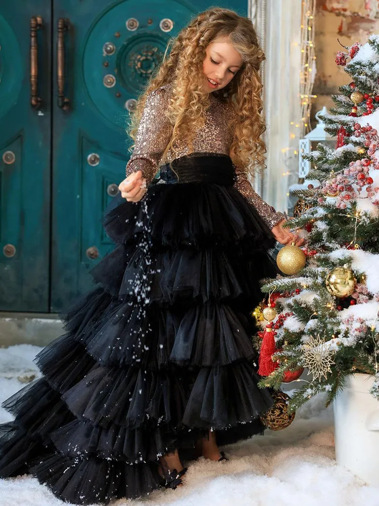new gold black Glitz Pageant Dresses Ball Gown Organza Flower Girl Dresses Hand Made Tiers Tulle Lilttle Kids Birthday Pageant Weddding Gowns sequined