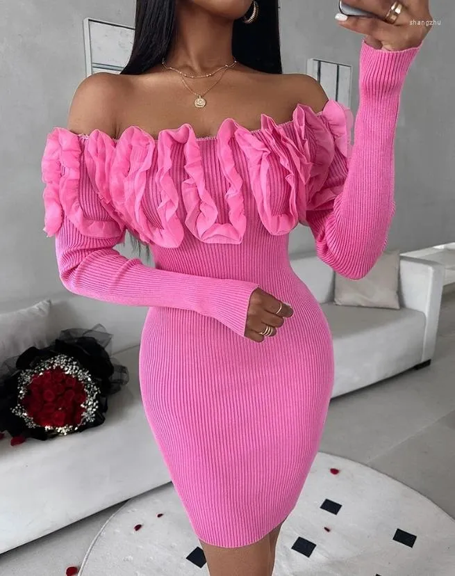 Casual Dresses Sexy Women Dress 2023 Autumn Winter 3D Flower Lace Floral Pattern Slash Neck Off Shoulder Long Sleeve Knit Hip Wrap