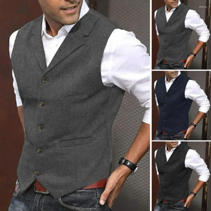 Men's Vests Men Vest Single-breasted Solid Color Sleeveless Lapel Slim Fit Formal Business Style Cardigan Soft Retro Groom Wedding Banquet W