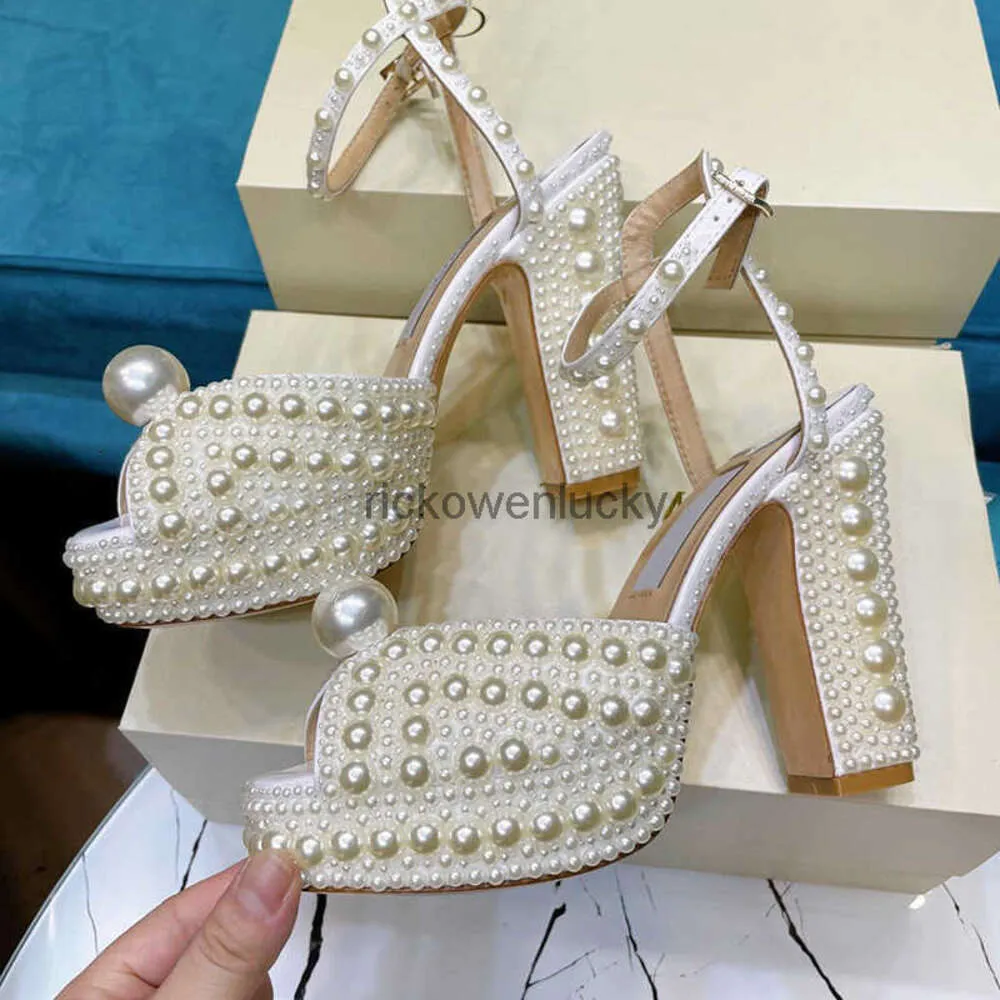 JC Jimmynessity Choo Dress Fish Shoes high Pearl Shoes Mouth quality High Heels Women's Thick Heels Buckle Waterproof Platform Super High Heels Sandals Wedding Shoes