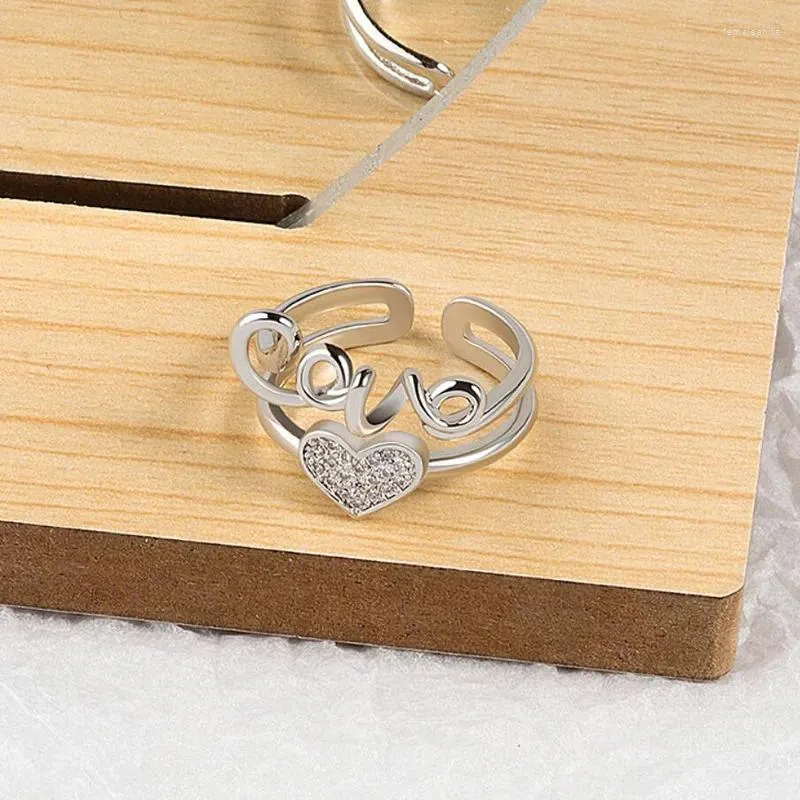 Clusterringen Romantische liefdesring voor vrouwen 925 sterling zilveren sieraden Zirkoon Hart Dubbellaags Vingeraccessoires Meisje Valentijnsdag