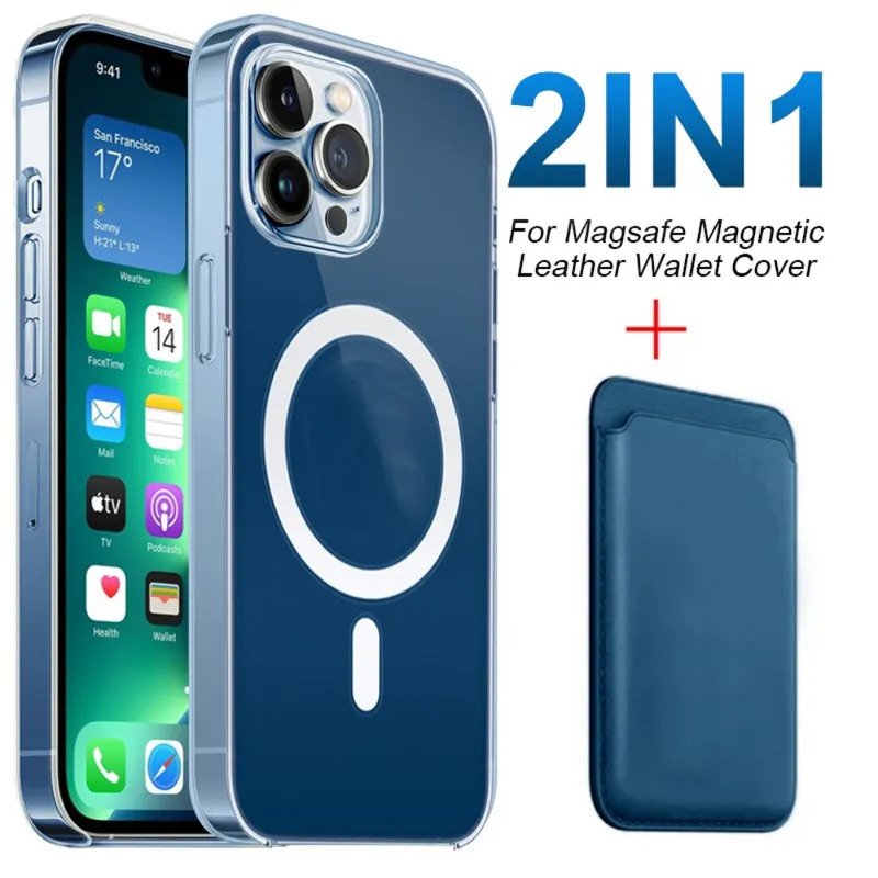 2 في 1 حالة واضحة مغناطيسية وحامل بطاقة المحفظة لجهاز iPhone 15 14 13 12 11 Pro Max Plus Mini XR XS 8 7 SE Card Wallet محفظة