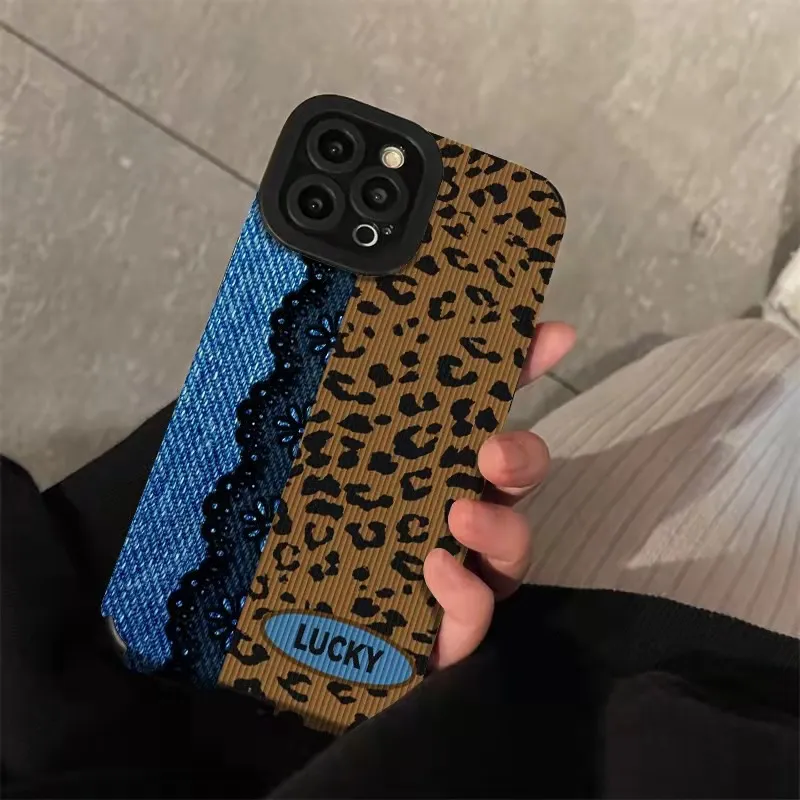 Leather Fashion Cool Volcano Leopard Print Denim Design Phone Case For iphone 15 14 13 12 11 Pro Max XS X XR 15 Plus Fashion Soft Silicone Back Cover 