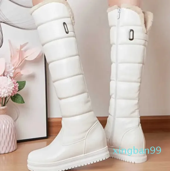 Inverno quente rosa branco botas de neve sapatos femininos salto baixo joelho botas altas plataforma feminina de pelúcia barcos longos