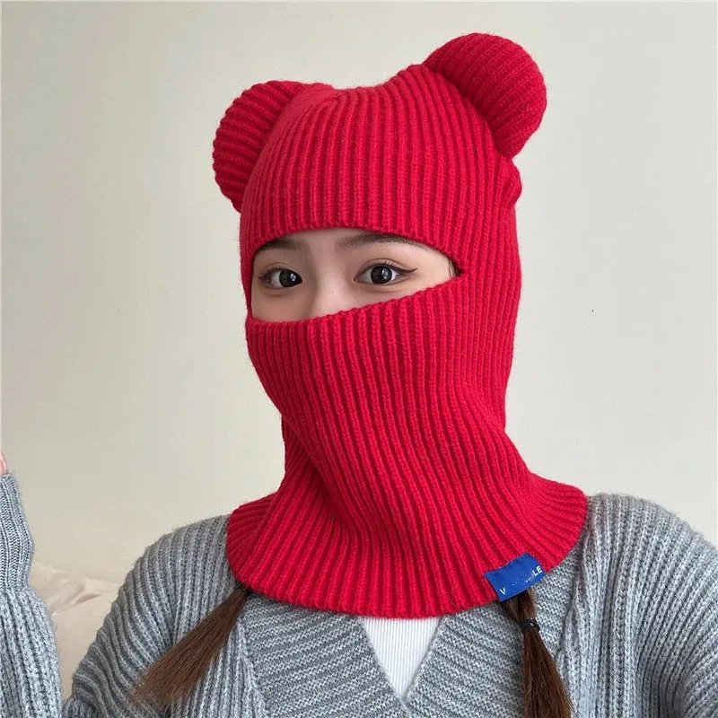 Elastic Guard Balaclava Hooded Hat Knitted Eyes Exposed Cap Bear Ears Outdoor Warm Riding Windproof Integrated Scarf Beanie Hat 231229