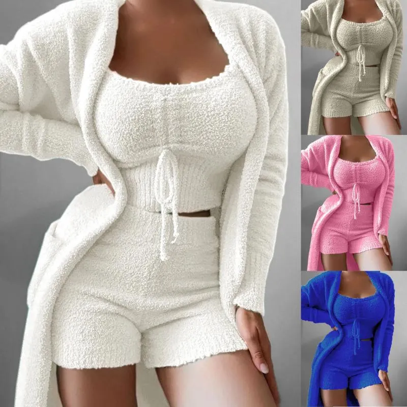 Women's Sleepwear Sexy Winter Plush Women Sets Velvet 3 Pieces Pajama Set Tank Tops Shorts Cardigan Coat Tracksuit Loungewear