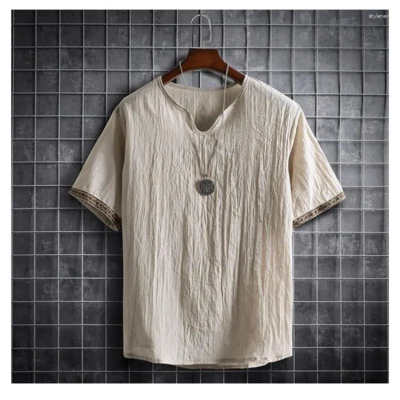 Men's T Shirts Summer Loose Linen T-shirt Chinese Style Button Cotton Short Sleeved V Neck Shirt For Men