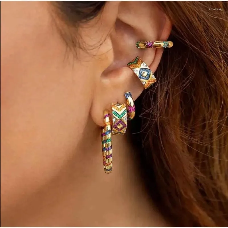 Boucles d'oreilles créoles Punk en métal plaqué or, tendance géométrique coloré cristal en forme de C Cartilage pour femmes, bijoux à Clip d'oreille