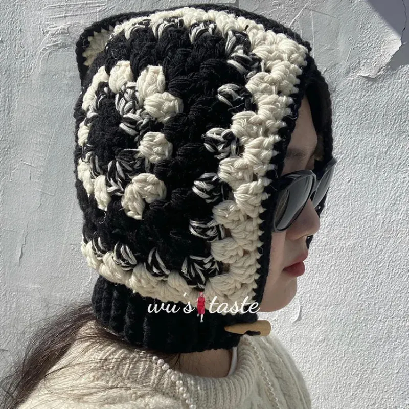 Nicho coreano tejido a mano bolsillo pasamontañas sombrero japonés retro otoño invierno cálido manga cuello francés uno PCS cabeza gorra femenina 231229