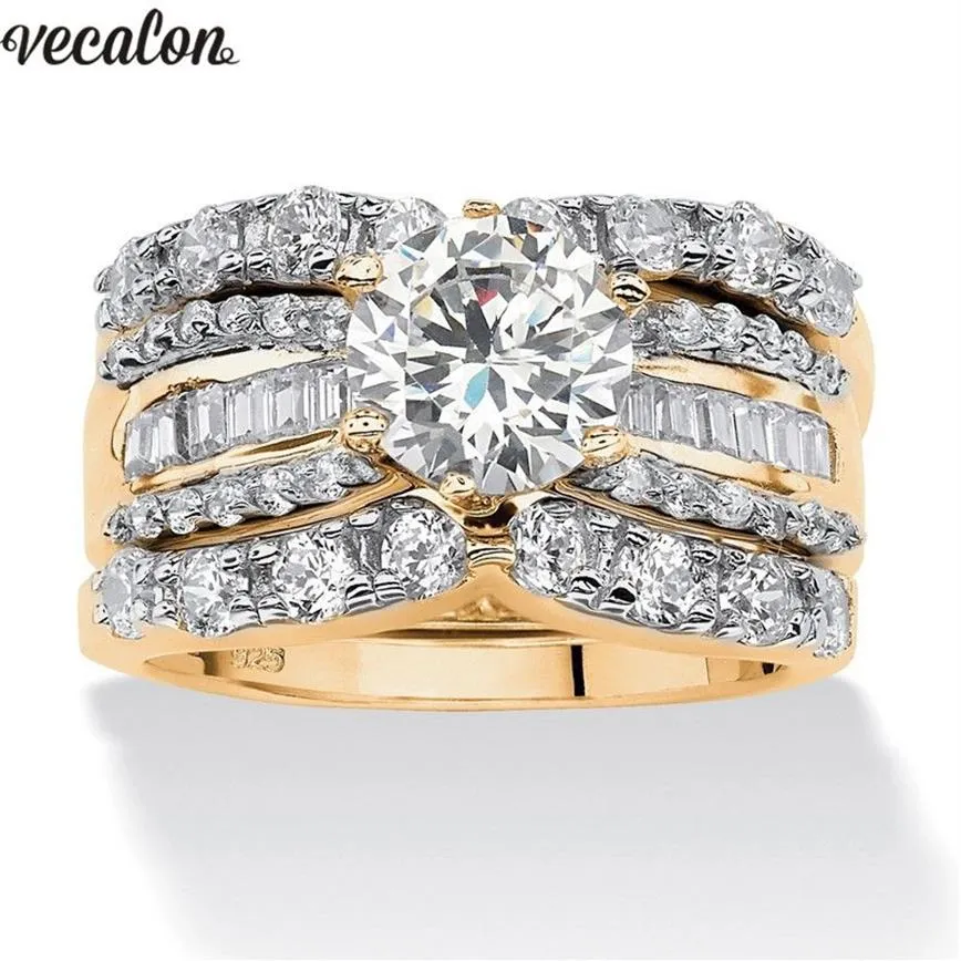 Vecalon 3-i-1 Vintage Lovers Ring 925 Sterling Silver Diamonds CZ Party Wedding Band Rings for Women Men Jewelry239V