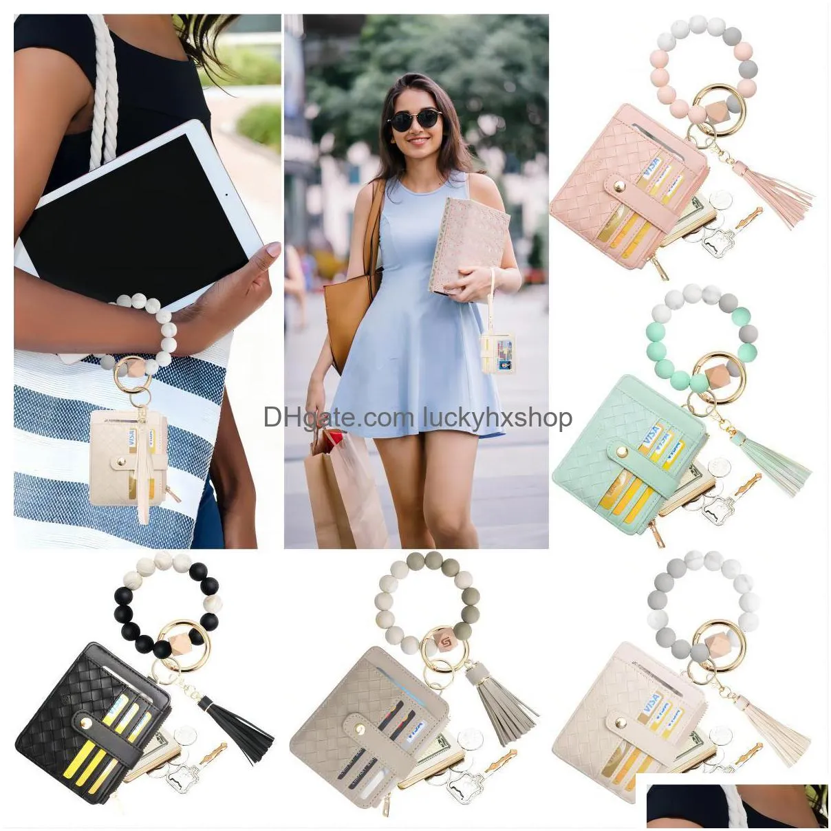 Schlüsselanhänger Armband Armband Schlüsselanhänger Tasche Kreditkarteninhaber Geldbörse Quaste Sile Perlen Armreif Ring für Frauen Drop Lieferung Schmuck Dho1G