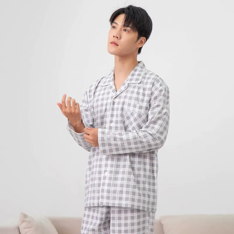 Casual Men Home Sleepwear Suits Långärmade byxor för hösten Pijamas för män Flanell Plaid Design