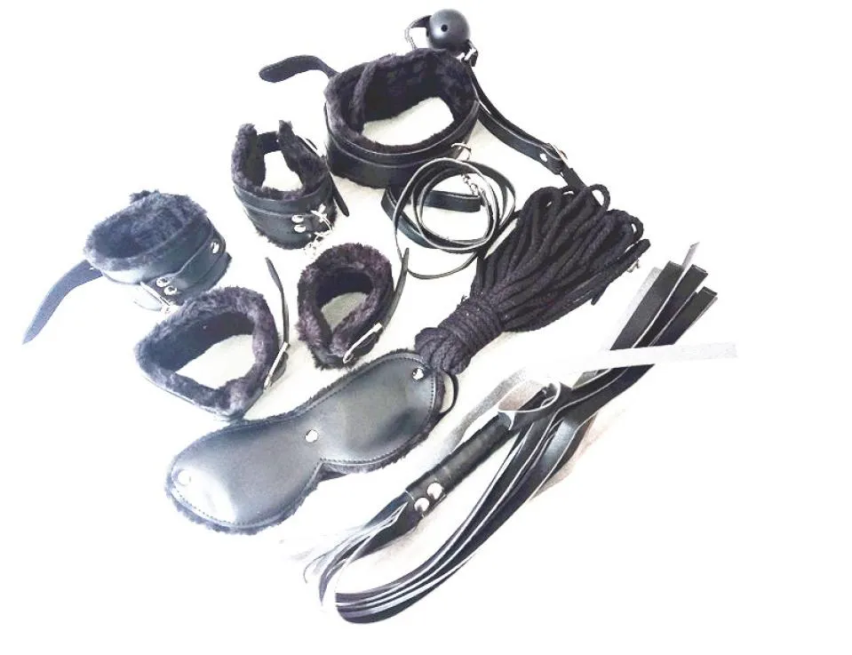 Sex 7in1 BDSM Gear Sex Bondage Restraint Kit PU Slave Wrist Ankle Cuffs Collar Whip Rope Blindfold Mouth Ball Gag Toys JD11656609078