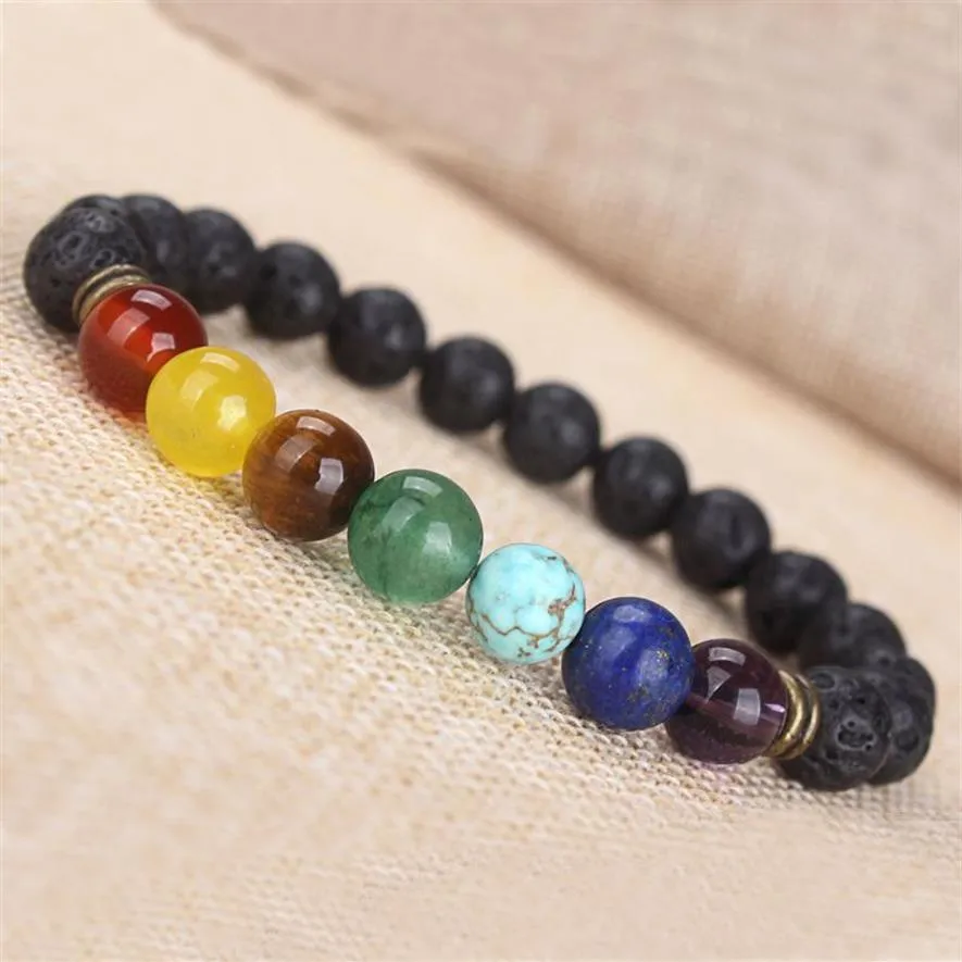 SN0445 Fashion 7 Chakra Armband Power Energy Armband Men Women Fashion Rock Lava Stone Armband Top Preferred2445