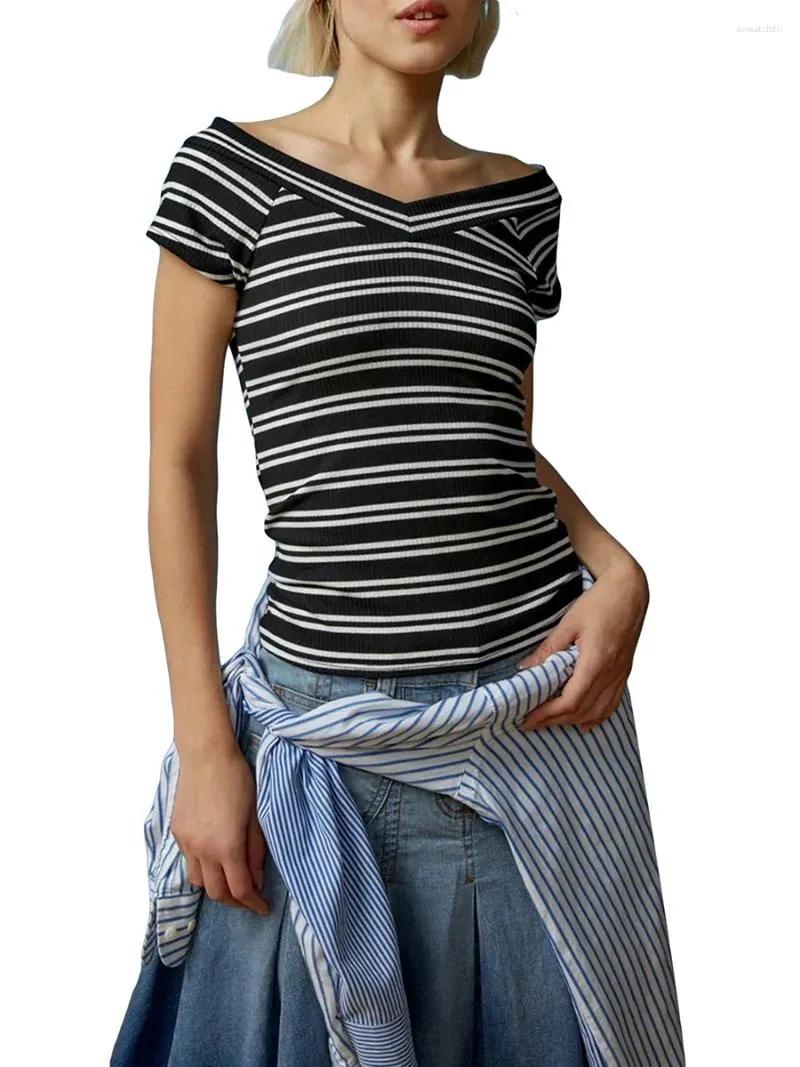 T-shirt da donna a costine con scollo a V, spalle scoperte, stampa a righe, t-shirt slim fit Y2k anni '90, manica corta streetwear