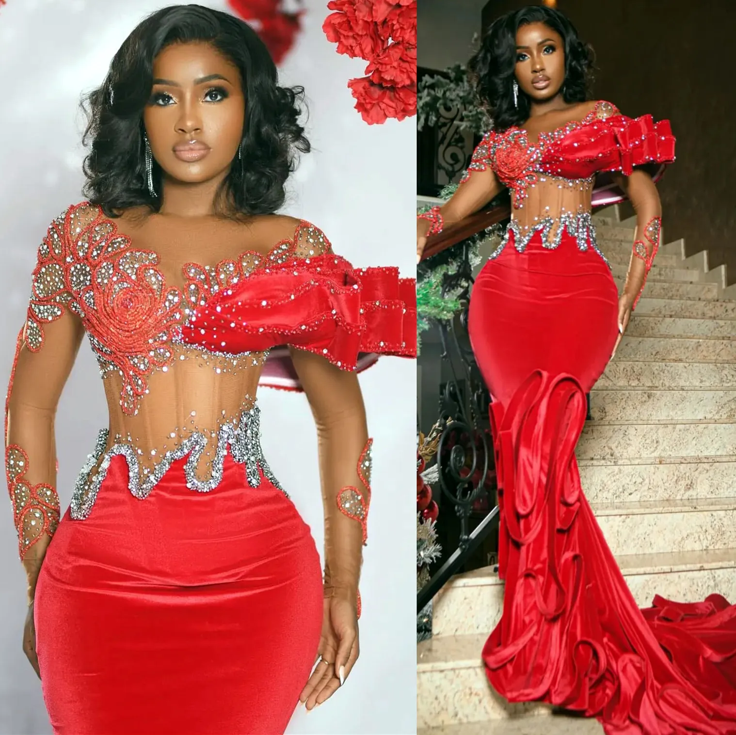 2024 ASO EBI Dark Red Mermaid Prom Dress Sheer Neck Veet Beet Formal Party Second Recention Birthday Engemant Gowns Robe De Soiree ZJ402