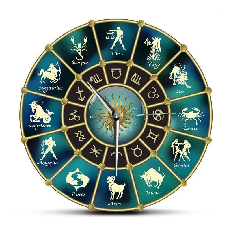 Relógios Ouro Azul Horóscopo Círculo com Sinais do Zodíaco Acrílico Mudo Relógio de Parede Constelação Astrologia Símbolo Home Decor Wall Watch1