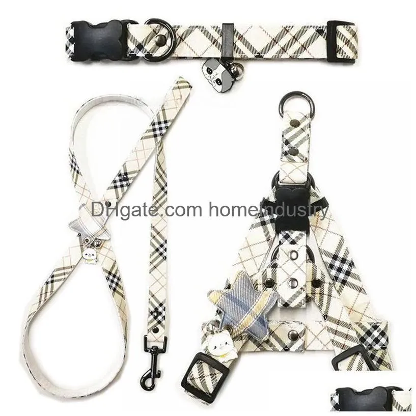 Luxury Dog Collars Leases Set Designer Harnesses Plaid mönster Pet Collar and Pets Chain för små stora hundar Chihuahua Poodle Cor Dhsvi