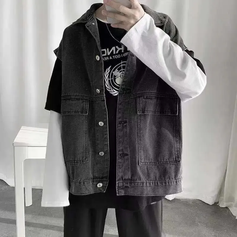 Men's Garment Vest Cowboy Jackets Student Loose Coats Sleeveless Denim Jackets Fashion Trend Blue Color Outerwear S-2XL 231229