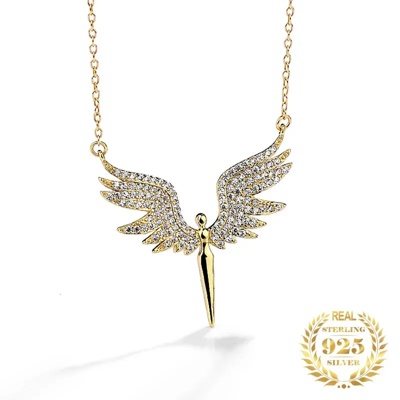 Moda 925 Sterling Gümüş Kadın Takıları 18K Altın Kaplama Mikro Zirkon Angel Wings Kolye Kolye Noel Hediyeleri 231229