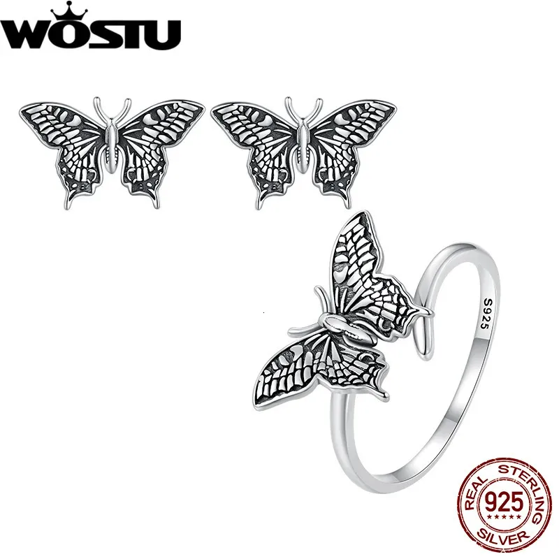 Wostu 925 Sterling Silver Butterfly örhängen Öppen ring set oxiderad för Women Girl Party Gift Vintage Justerbara smycken 231229