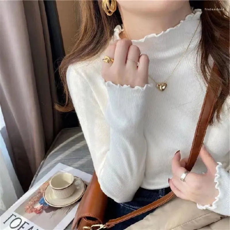 Women's T Shirts Fashion 2023 Women Knitting Streetwear Solid Wood-ear Edge Semi-high Neck Knitted Shirt All-match Pullover Sweater Tops
