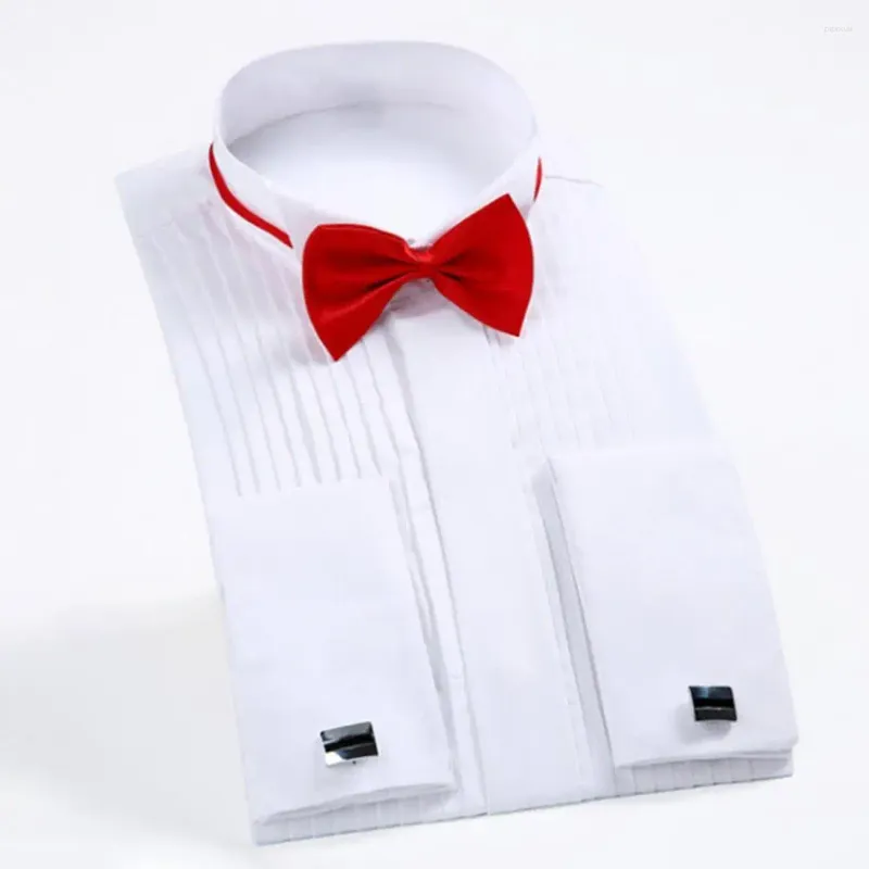 Men's Dress Shirts Formal Shirt Wedding Party With Bow Tie Long Sleeve Lapel Button-up Groomsmen Attire Solid Color Bridegroom Top Men