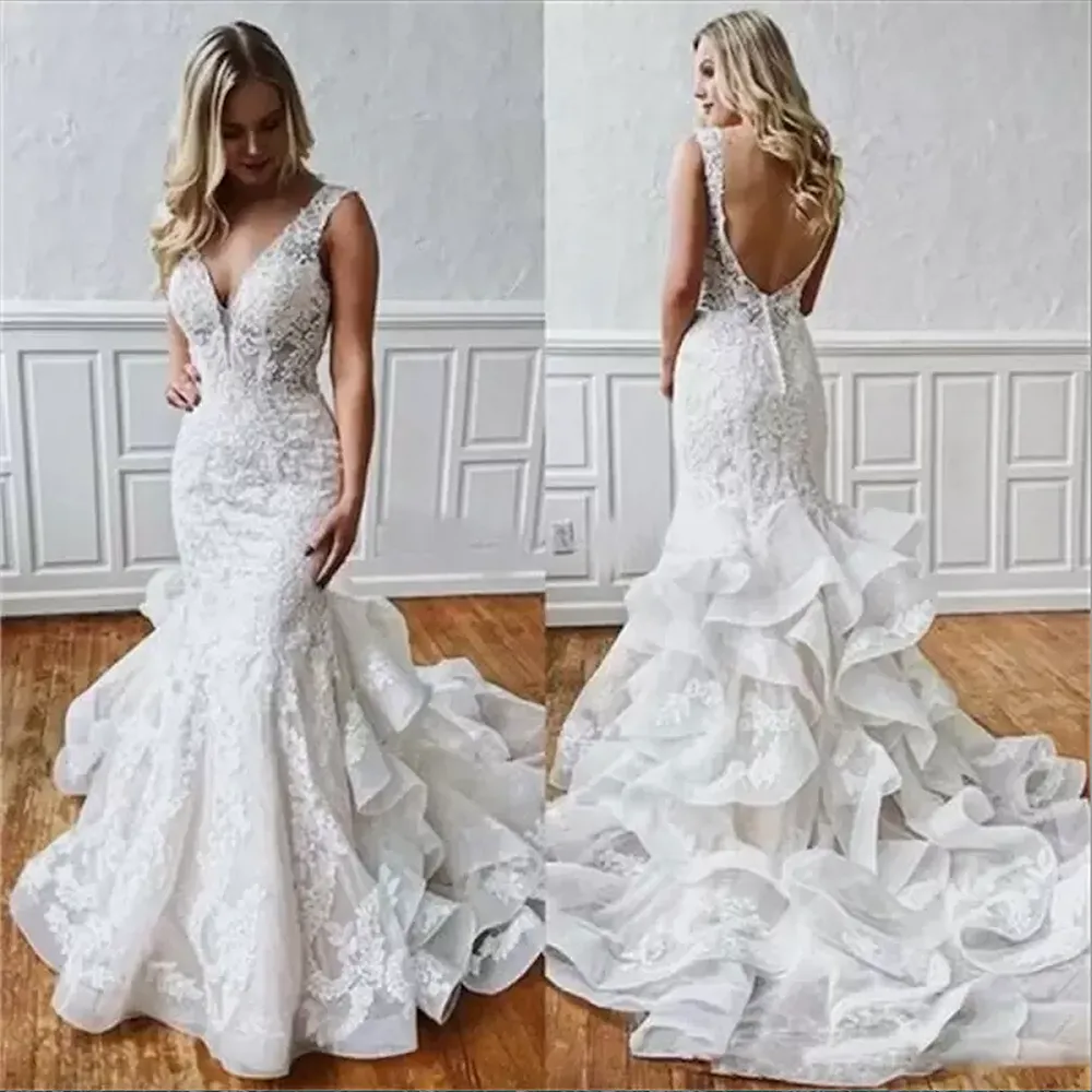 2024 Mermaid Wedding Dresses Bridal Gown V Neck Straps Backless Lace Applique Ruffles Tulle Sweep Train Custom Made vestido de novia Plus Size Beach Country Castle