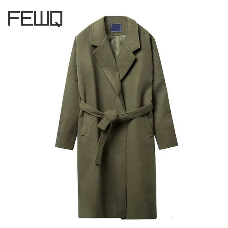 FEWQ Abito da uomo Colletto Cappotto di lana Allentato Media Lunghezza Casual Giacca a vento invernale 2023 Moda coreana Trench maschile 24X1673 231229