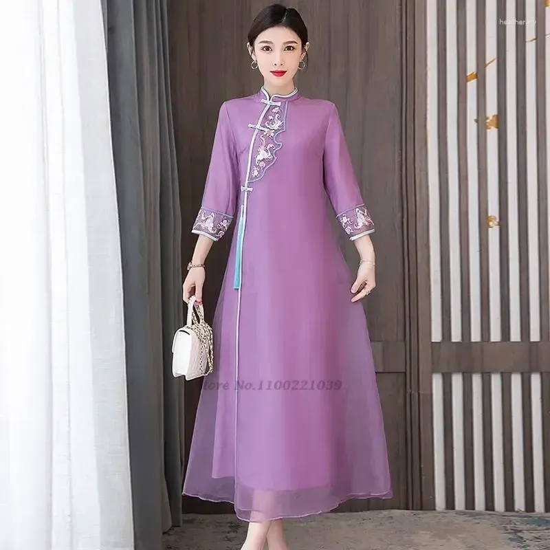 民族服2023中国の伝統的なシフォンドレスQipao National Flower Embroidery Cheongsam Oriental Elegant Wedding Party