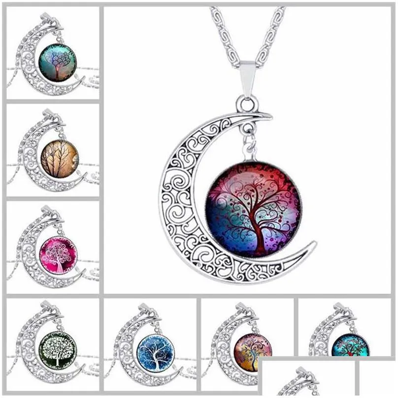 Pendentif Colliers Arbre de vie Lune Temps Gem Collier Plante Cabochon Bijoux Femmes Drop Ship Livraison Pendentifs Dhtom