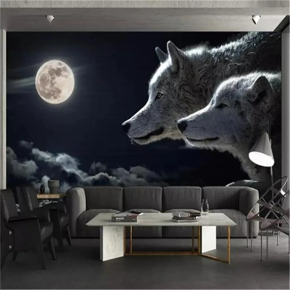 Sfondi Carta da parati personalizzata 3d con animali Carte da parati Bella scena notturna Coppia romantica Lupo Interni Decorazioni per la casa Pittura Murale moderna Wallpa