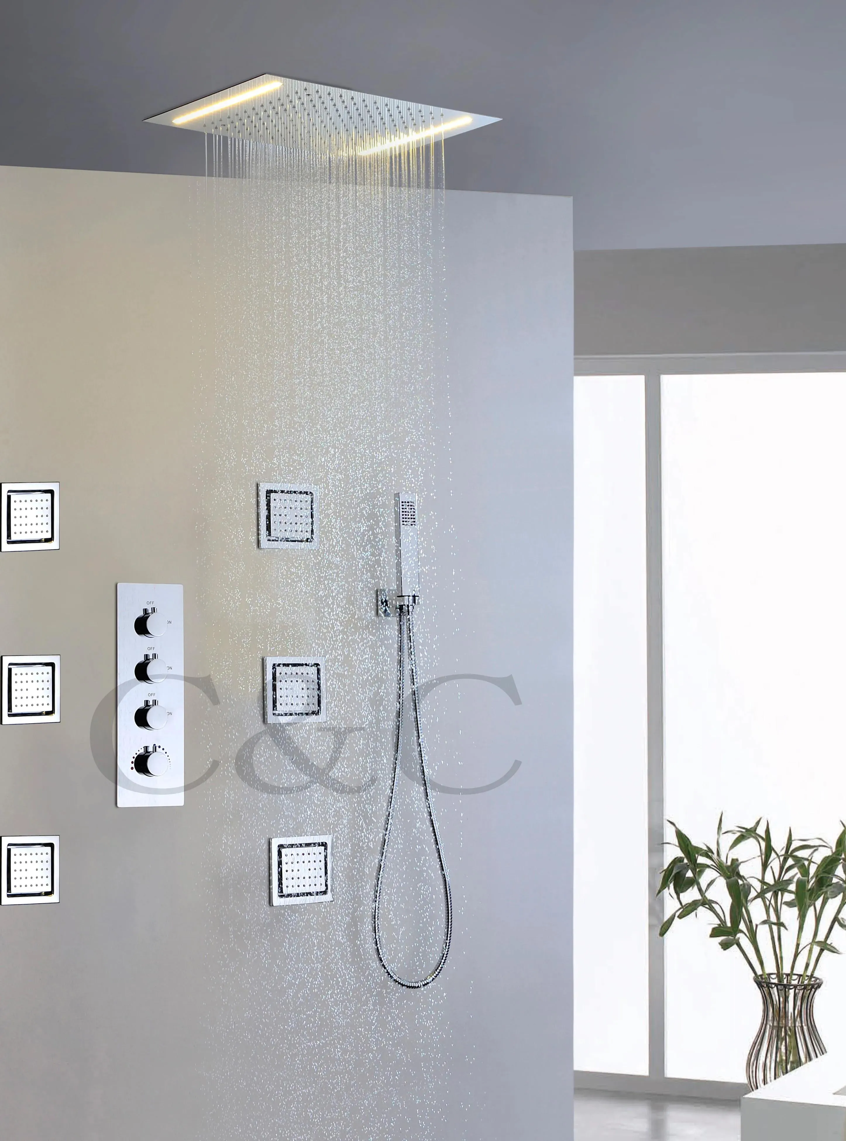 Sets Large Water Flow Rainfall Bathroom Shower Faucet Set Alternating Current Double Row LED Yellow Lamps Rainfall Shower Head 00850X3