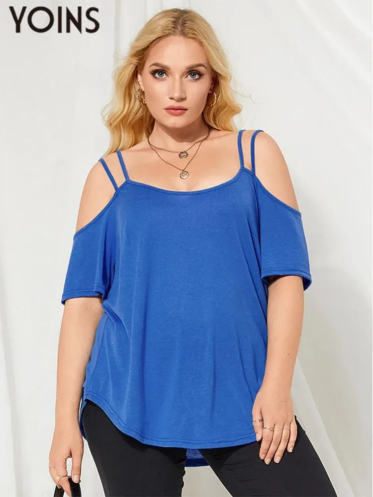 Tops YOINS Women Sexy Cold Shoulder Summer Tops Tunic 2022 Fashion Half Sleeve TShirts Casual Loose Solid Party Plus Size Tees 4XL