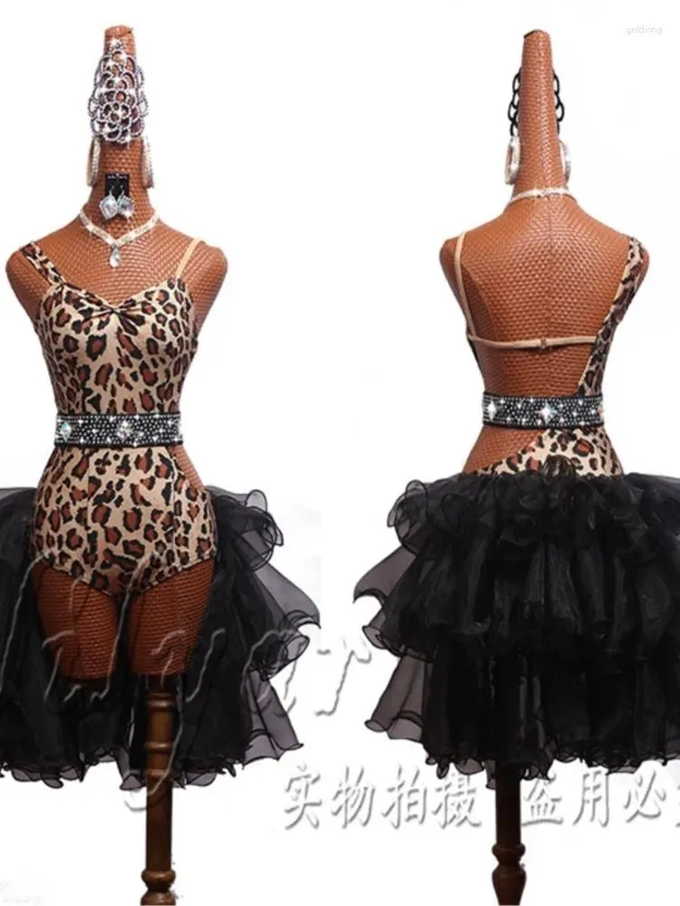 Abbigliamento da palco Concorso di danza latina Stampa leopardata Costume da performance Abito SALSA Tuta Gonna a pieghe Personalizzazione dell'orlo