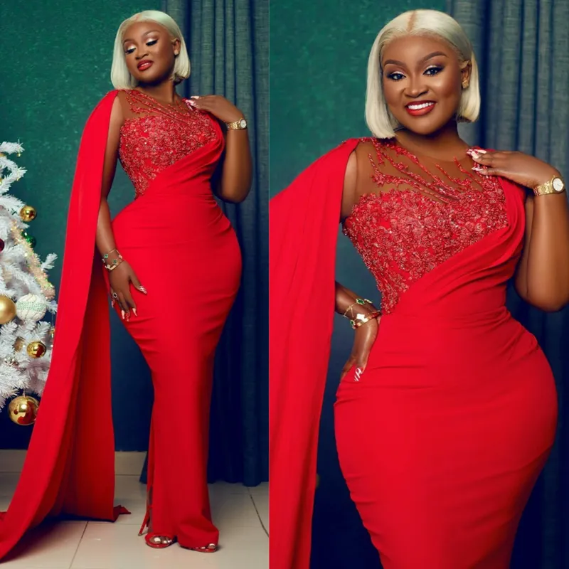 African Arabic Plus Size Aso Ebi Prom Dresses for Special Occasions Red Mermaid Lace Promdress Elegant Evening Dresses Birthday Party Gown Engagement Gowns AM295